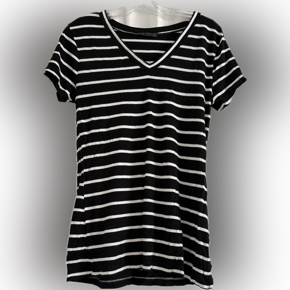 V-Neck Black & White Striped Short Sleeve Tee